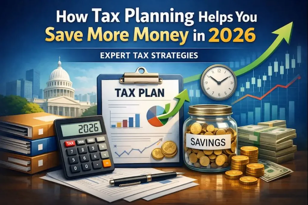 Digital illustration of tax planning for 2026 with a calculator, savings jar, charts, and tax strategies.