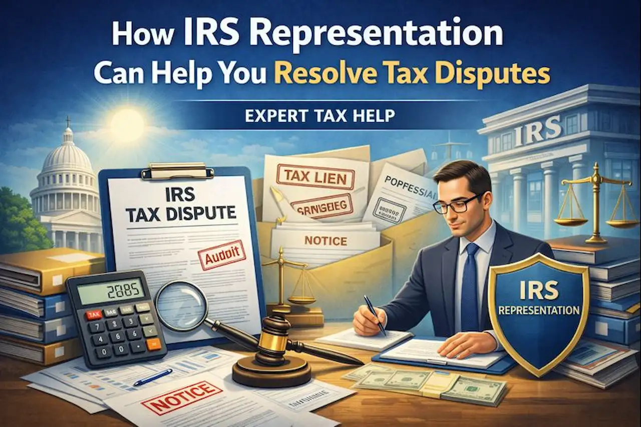 A digital illustration showcasing an IRS representative reviewing tax dispute documents with a calculator, IRS tax forms, and the U.S. Capitol in the background.