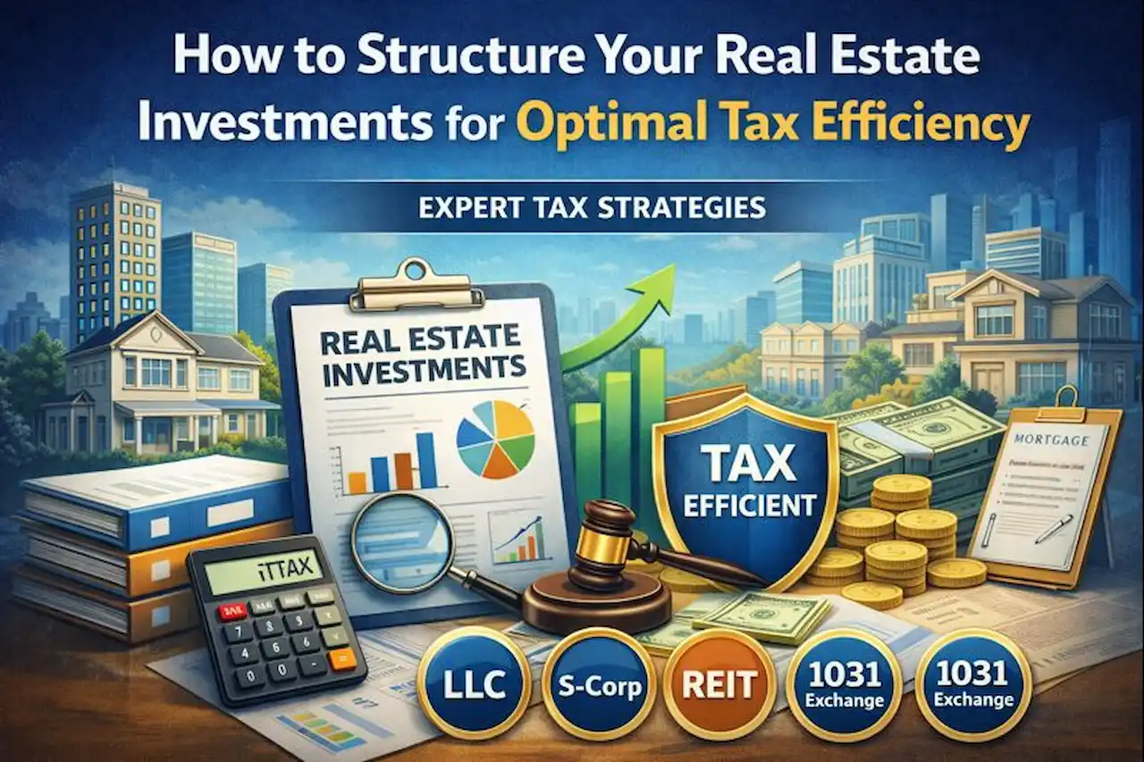 Illustration showing real estate investment tax efficiency with documents, graphs, and tax strategies like LLC, REIT, and 1031 Exchange.