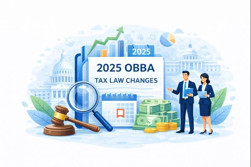Illustration of 2025 OBBA tax law changes with financial charts, legal symbols, money, and tax professionals